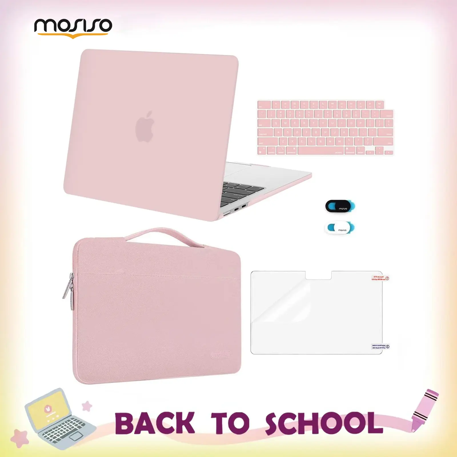 MOSISO Compatible with MacBook Air 13 inch Case M5 2026 M4 2025 M3 M2 2024-2022 A3449 A3240 A3113 A2681,Hard Shell&Sleeve Bag&Keyboard Skin&Webcam Cover&ScreenFilm for MacBook Air 13.6, School, Screen Protector, La, Water Resistant, Keyboard Cover, Commut