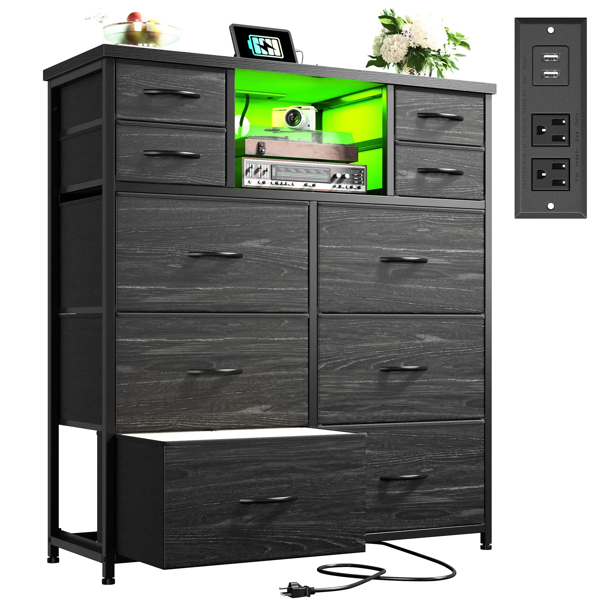 【Summerwins】Raybee Storage Organizer 10 Fabric Drawers Dresser, open shelving & chest of drawers with USB charging port & LED lights, suitable for hallway & living room, Metal frame, Easy Assembly,Tall Cabinet Next to the Bed in a Dorm Room & Apartment, D