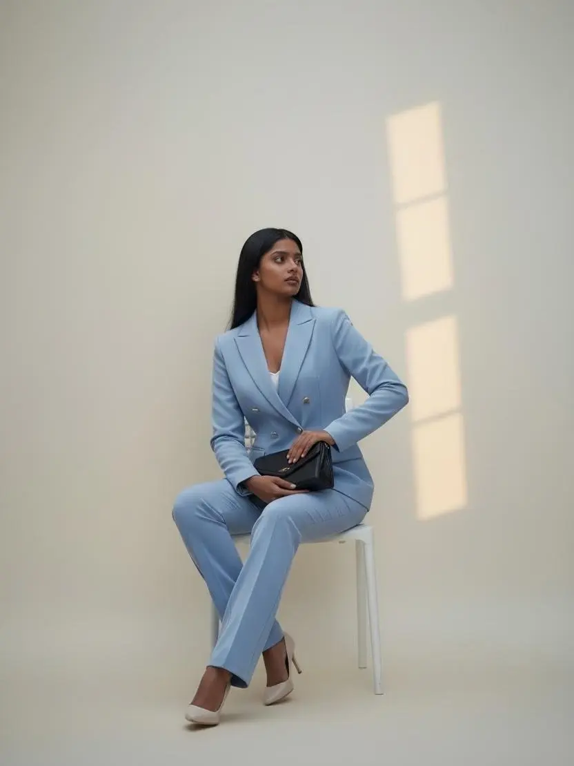 Women's 2-Piece Classic Tailored Solid Business Suit Set - Smooth Fabric Powder Blue Double-Breasted Peak Lapel Gold-Button Blazer & Matching Trousers, Soft, Breathable, Ready-to-Wear, Executive Wardrobe, Fitted, Breathable Fabric, Elegant Wear, Modern Wo