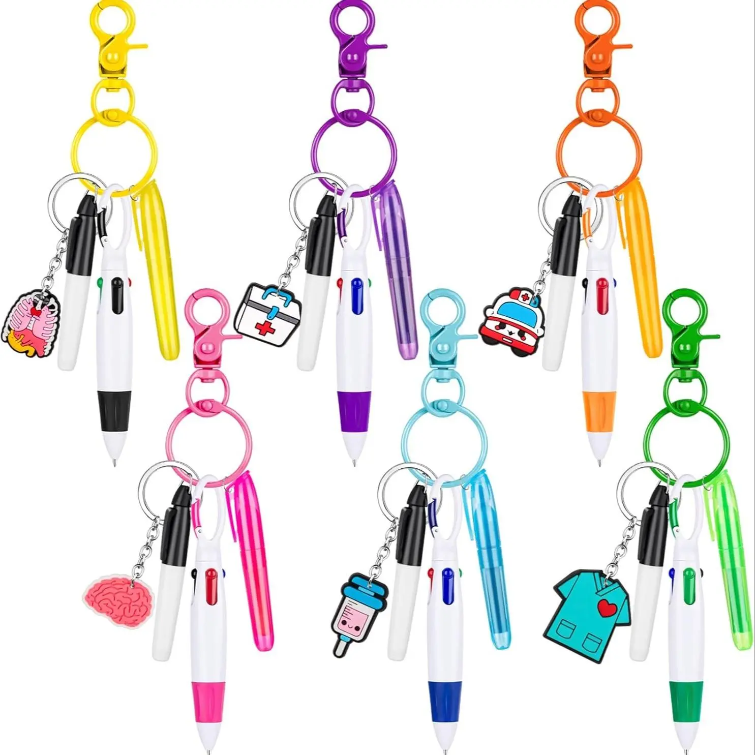 Mini Highlighter Nurse Pen Set, Multi Purpose Pens, 30pcs/6 Sets Including Mini Highlighter Pen & Permanent Marker Pen & Retractable Ball Pen & Nurse Keychain Clip, Office Supplies, Stationery Writing Tools, Boyfriend Gift
