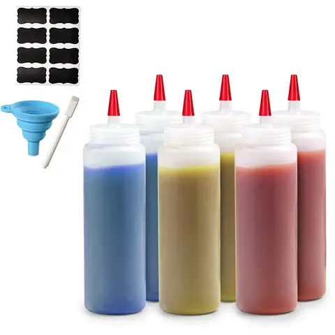 Sturdy BPA-Free Silicone Plastic Condiment Squeeze Bottles Kitchenware Set - Multi-Size (6/8/12PCS, 8/12/16oz) with Airtight Leakproof Caps, Drizzlers, Dressing Shakers, Funnel, Erasable Marker, Reusable Labels for Mixing Dressings & Seasoning Storage
