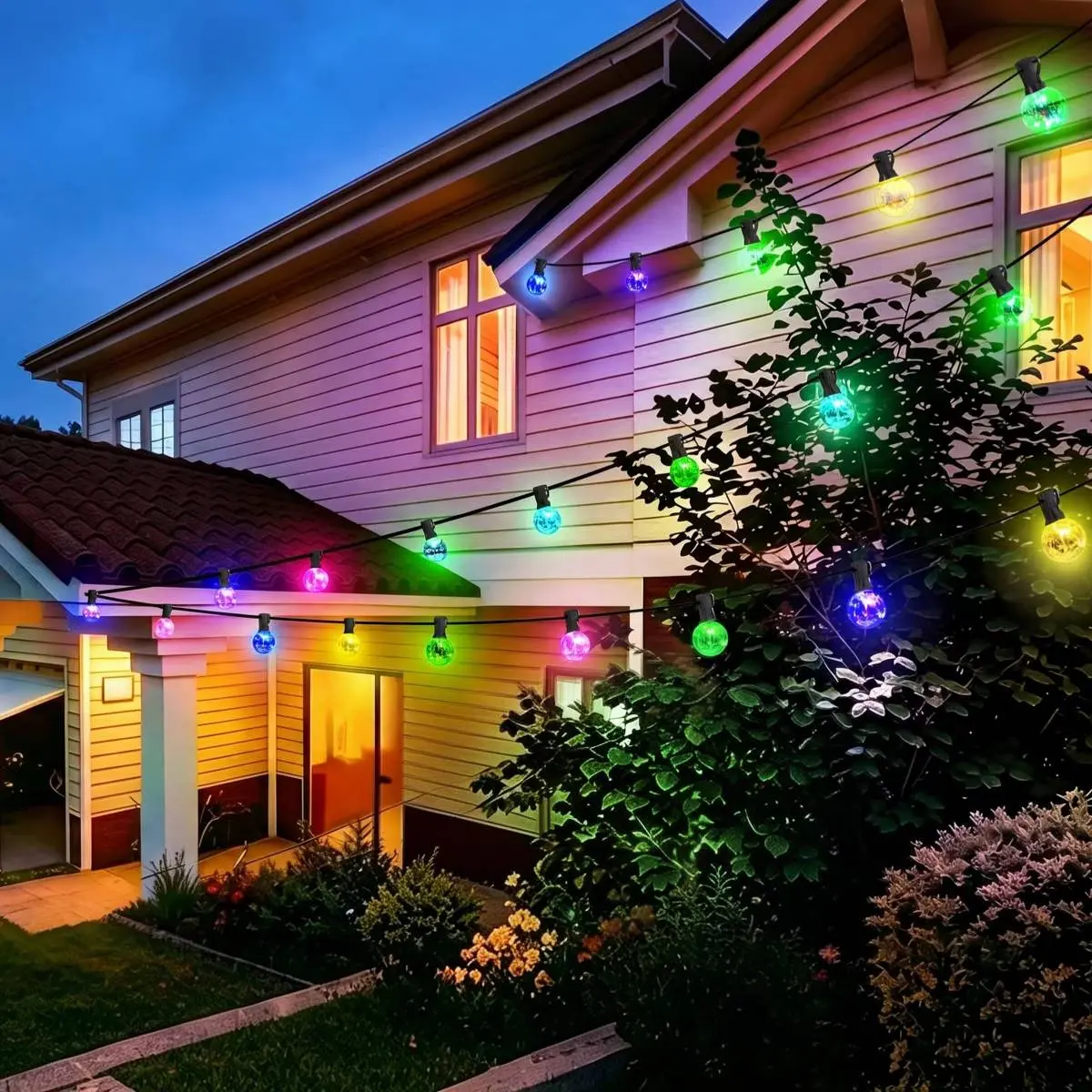 Ollny Outdoor Lights 30FT 30Bulbs, RGBW Color Changing String Light, Plug in Remote Waterproof Shatterproof Timers G40 Patio Lights for Outside Balcony Porch Camping Deck Yard Party Holiday Halloween Christmas