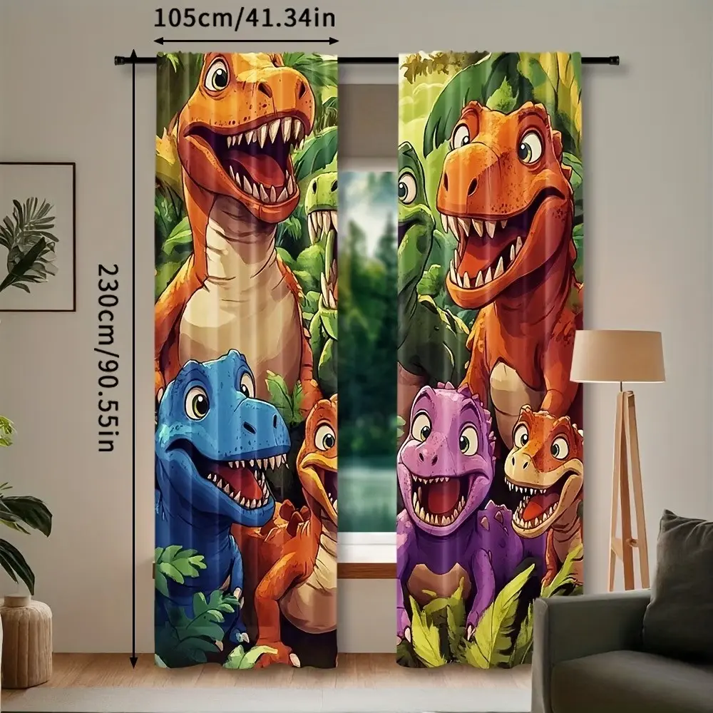 2pcs Cute Smiling Dinosaur Curtains, High-Definition Print Rod Pocket Windows, Perfect for Bedroom, Office, Kitchen, Living Room, Christmas Gift