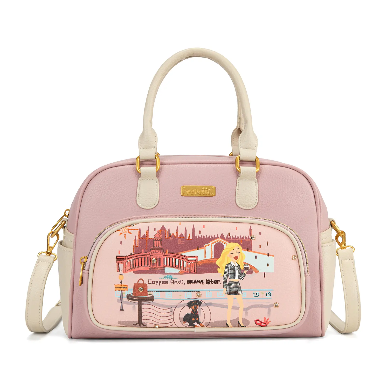 Venetti Cityscape Illustration Satchel Bag for Women and Girls, Small Crossbody Bag Multi-Pocket with Adjustable Strap