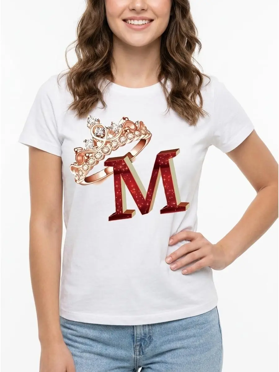 Letter M Crown Tee Initial Graphic 100% Cotton Black White S-3XL Women Personalized-gift Custom-style Initial-outfit