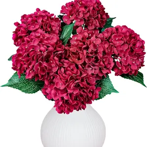 6-Pcs Red Silk Artificial Hydrangea Flower Bouquets with Stems, Realistic Decorative Faux Flowers for Home, Wedding Decor