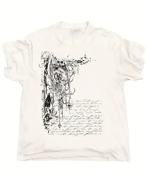 Vintage Fallen Angel T-Shirt, Gothic Creature Dark Academia Tee, Y2K Grunge Winged Demon Shirt, Crew Neck, Short Sleeve, Cotton, Gift for Alternative Him Her, Unisex Emo Punk Top