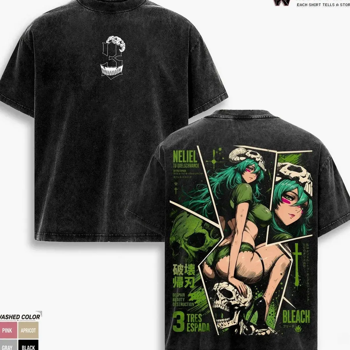 Neliel – Bleach Oversize Anime Graphic Tee, Acid Washed Heavy Cotton Shirt, Vintage Manga Streetwear, Unisex Casual Wear, Anime Merch, Gift for Anime Fans K63