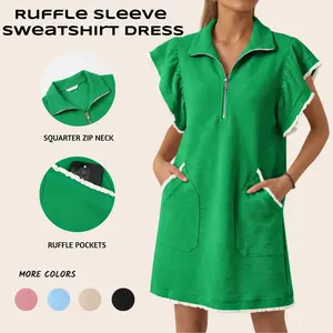 Imily Bela Womens Ruffle Sleeve Sweatshirt Dress Summer Oversized Zipper V Neck Mini Dresses Casual Vacation Outfits