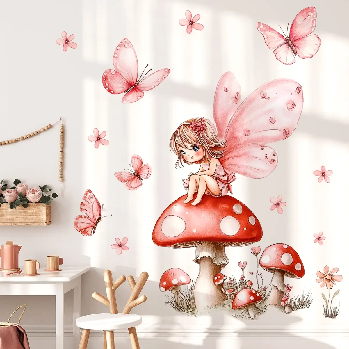 3Pcs Set(30*60cm) Watercolor Mushroom Fairy Wall Stickers, Dreamy Fairy Tale Self-adhesive Decals for Kids Room Decoration