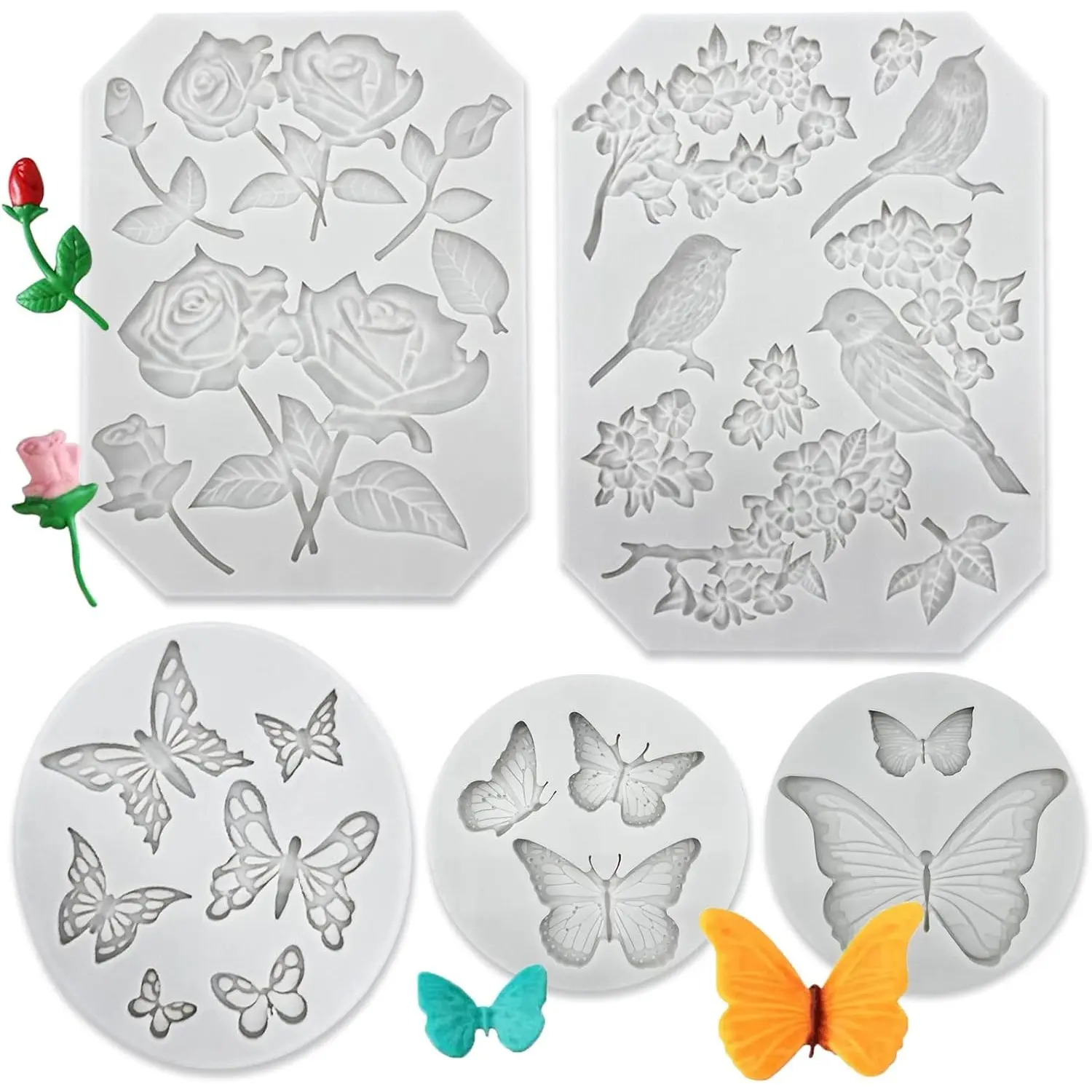 5Pcs/Set Butterfly Rose Flower Stems Birds Blossoms Silicone Fondant Mold for Making Chocolate,Fondant,Jelly,Polymer,Clay,Soap,Crafting,DIY Projects and Cake Decoration,Christmas Party Gifts,Hand Tools Kits