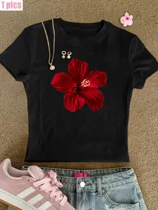 Red Hibiscus Flower Graphic Crop Top Fit - Women's Lady Tropical Summer Casual Tee Womenswear