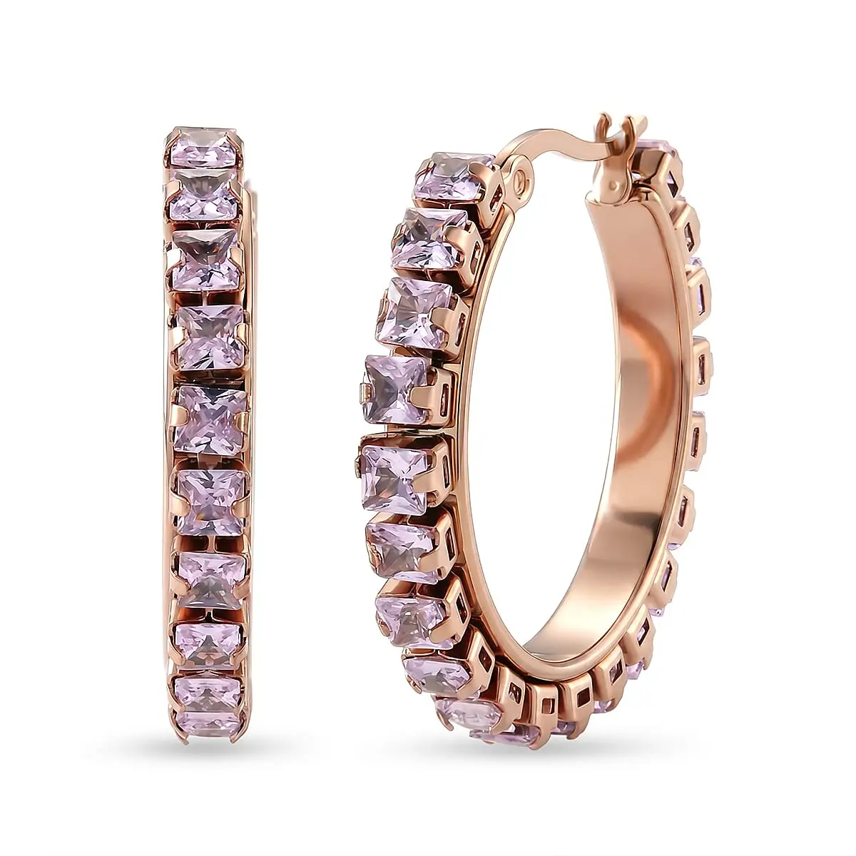 Pink Austrian Crystal Hoop Earrings in ION Plated RG Stainless Steel