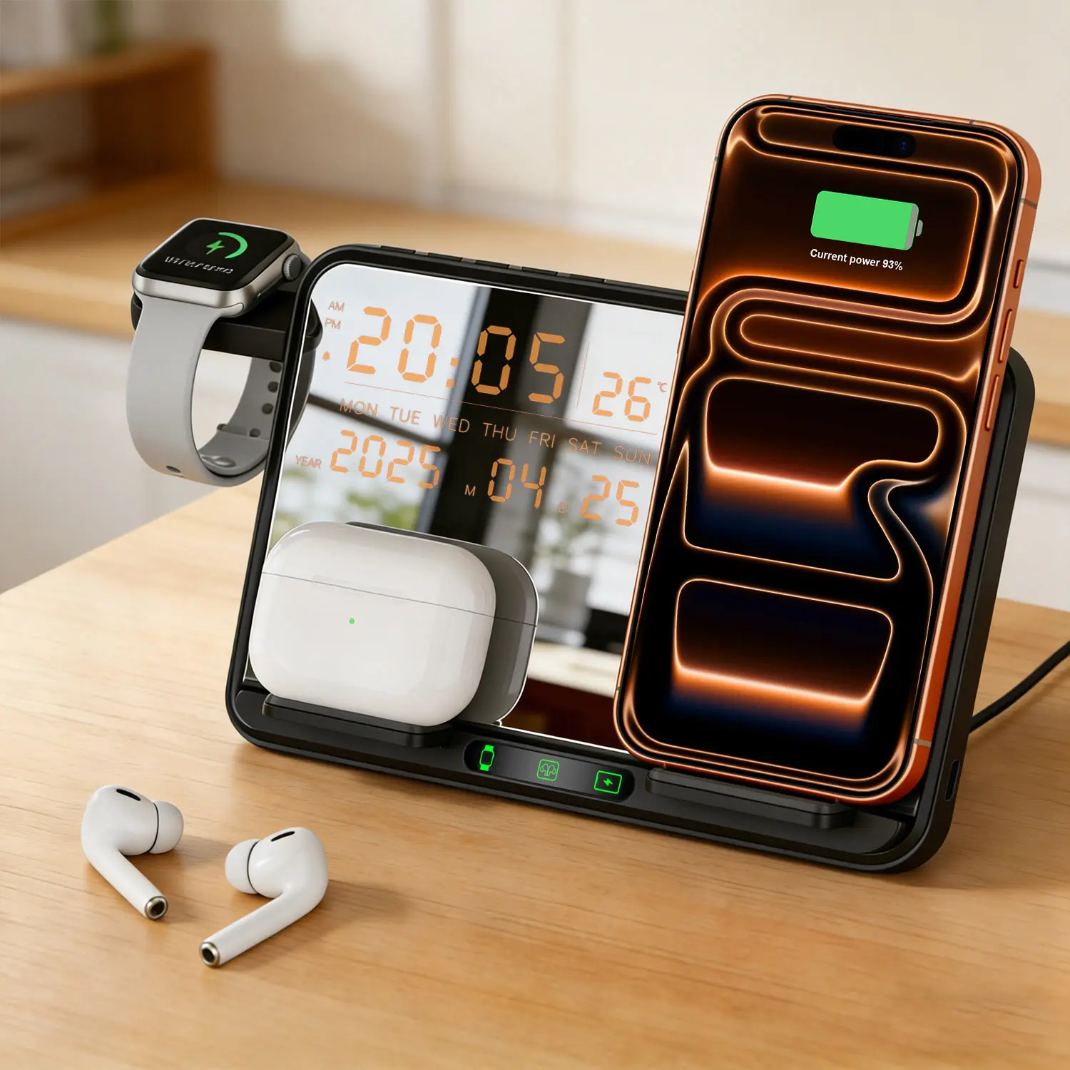Wireless Charging Station for iPhone Samsung Devices, Multiple Charger Stand with Alarm Clock and Calendar Display, Fast Charging Dock Station for iPhone 17 17e 16 15 14 13 12,Apple Watch,Airpods,Samsung Galaxy S26/S25/S24,Samsung Galaxy Watch,Galaxy Buds
