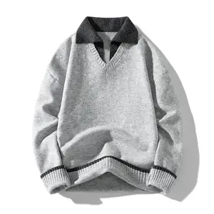 Men's retro gray knitted sweater, V-neck color blocked casual oversized pullover sweaterRAIMENTRY