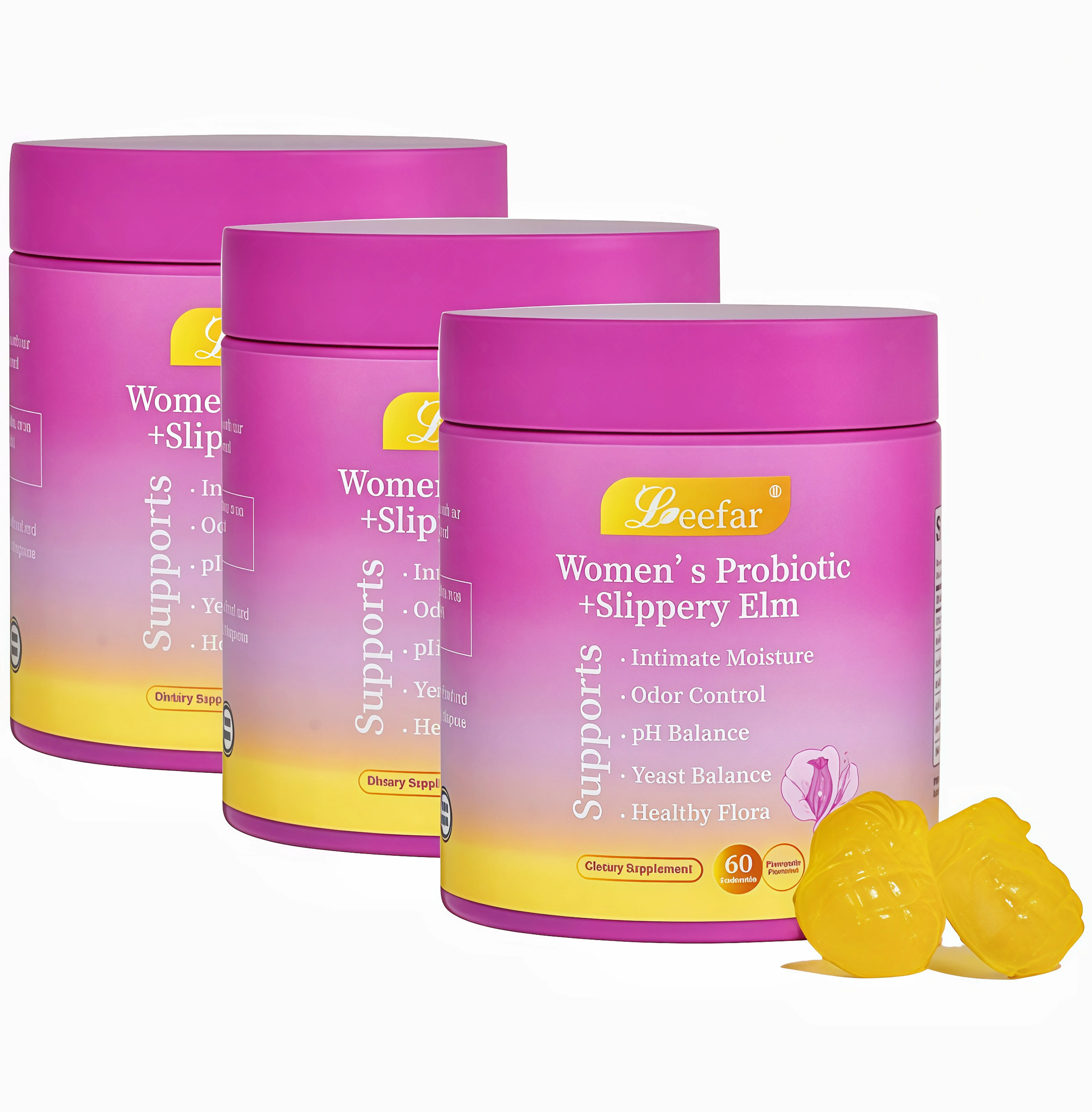 3 Piece LEEFAR Her Probiotics Gummies CU - All in One Solution with Slippery Elm and Prebiotics & Lactobacillus Probiotic Blend for Women's pH Balance and Dryness Hawaiian Pineapple Gummies Dietary Supplement