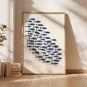 [No Frame] Minimalist Fish Poster – Nautical Ocean Wall Art, Coastal Beach House Print, Modern Blue School of Fish Illustration, Sea Life Home Decor