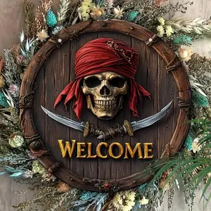 Pirate Themed Welcome Sign, Vintage Style Pirate Skull Design Hanging Sign, Decorative Sign for Home Living Room Bedroom, Novelty Decor