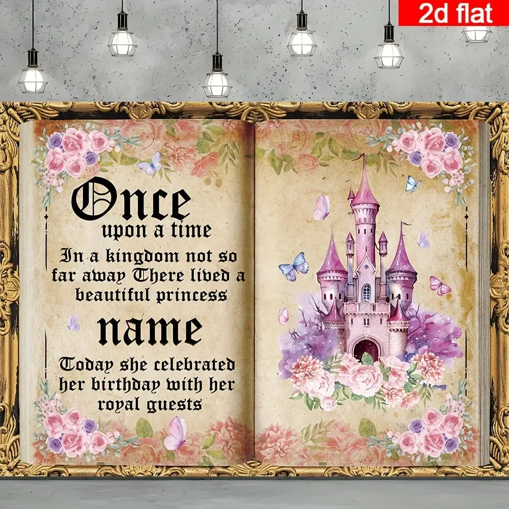 1pc 2D Flat banner, Name Princess Birthday Party Banner, Polyester Floral Ancient Castle Once Upon a Time Fairy Tale Book Theme Photography Backdrop, Personalized Name Happy Birthday Banner for Cake Wedding White
