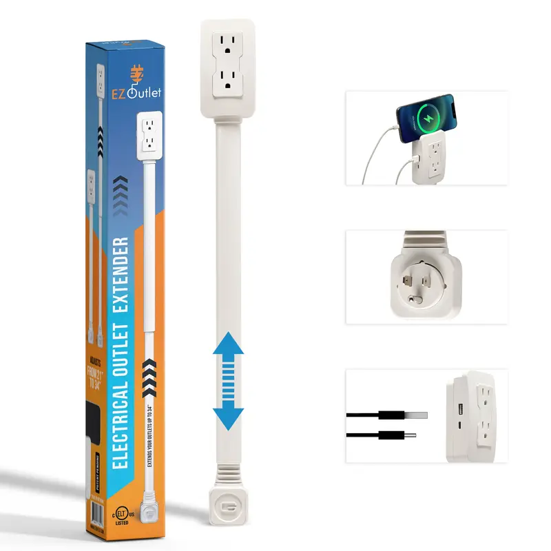 EZ Outlet Power Extender – Type B 125V Multiplug with USB-A/USB-C Ports, 2 AC Outlets, Swivel Socket, 22-34 in Cord for Couches, Nightstands