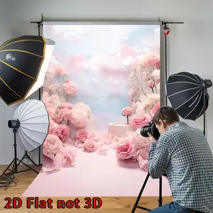 Summervibes 1PC 2D Flat Polyester Reusable Photography Backdrop Banner - Blush Pink Romantic Flower and Cloud Scene, 1-Piece Children's Portrait Background, Photo Studio Decoration for Birthday Events, One-Piece,summervibes