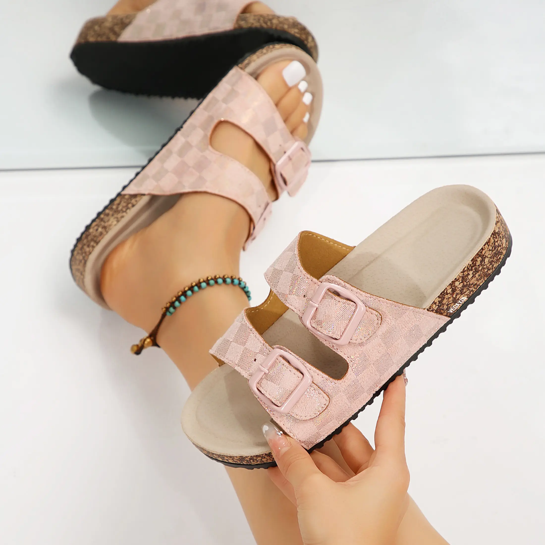 Women's Checkered Cork Slide Sandals with Adjustable Buckle Outdoor Anti-Slip Comfortable Shoes