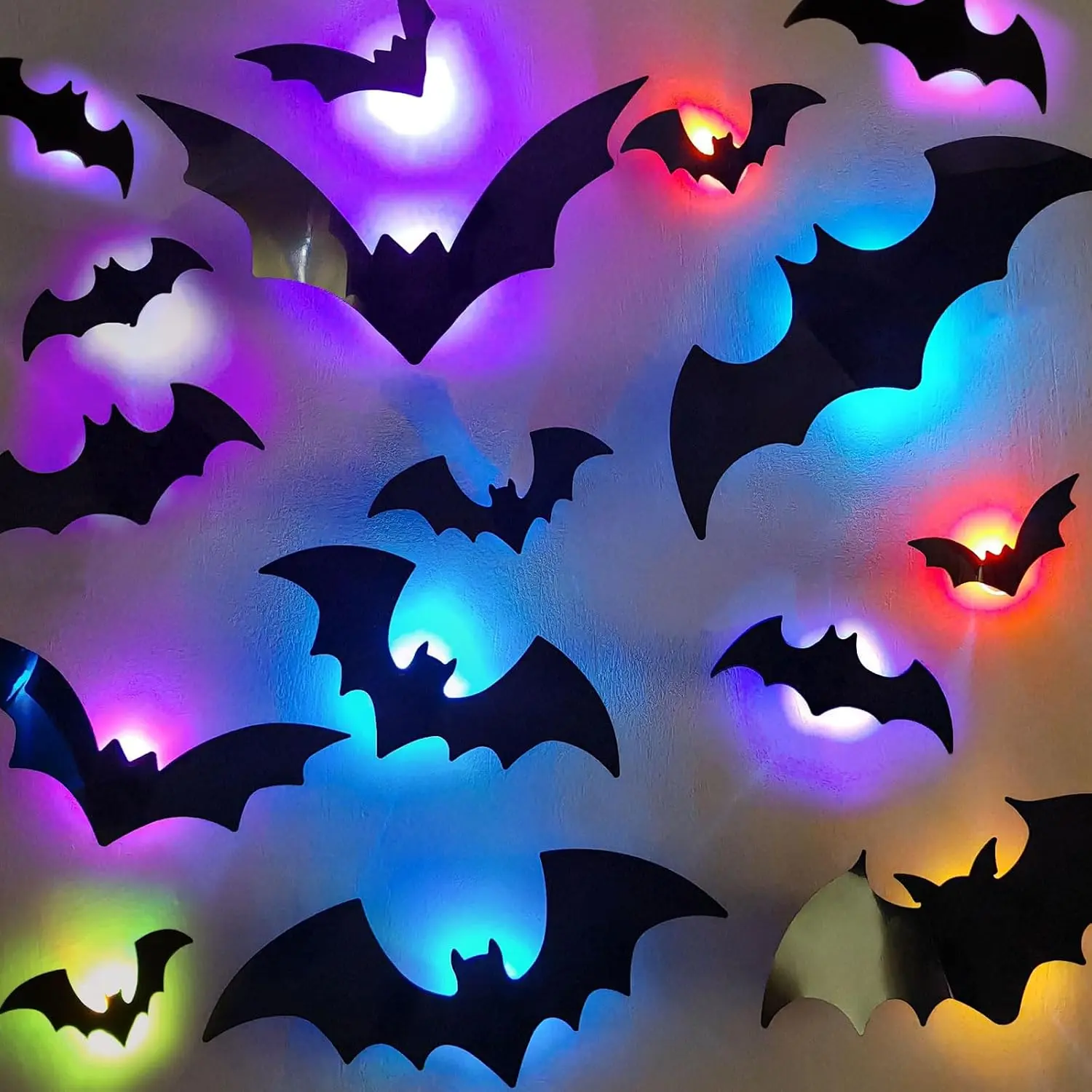 【Buy 2 Save 10%】40 Light-Up Bats Halloween Decorations, Spooky Purple LED 3D Removable Bat Wall Stickers, Multicolor Window Decals for Wall/Door to Light Up Your Space, Indoor Party Decor