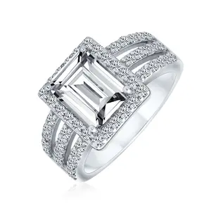 Art Deco 3CT Rectangle CZ Emerald Cut Halo Engagement Ring