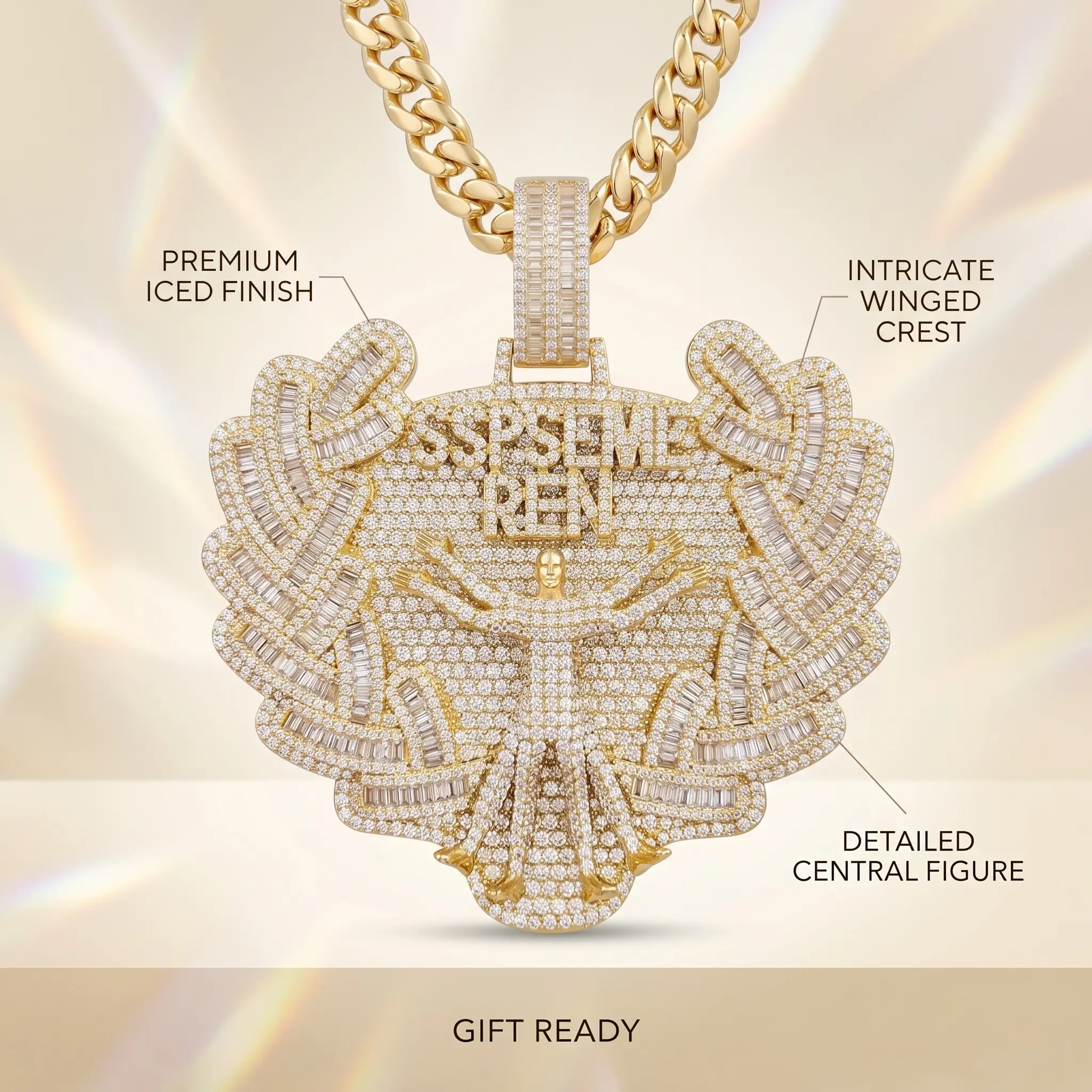 Custom Iced Out Boss Pendant with Ace of Spades Bail - Personalized 90s to Modern Trap Medallion, Yellow Metal Coating, Add Business Name/Motto, 4mm Rope Chain, Victory Laurel, Classic Flex, Detailed Design