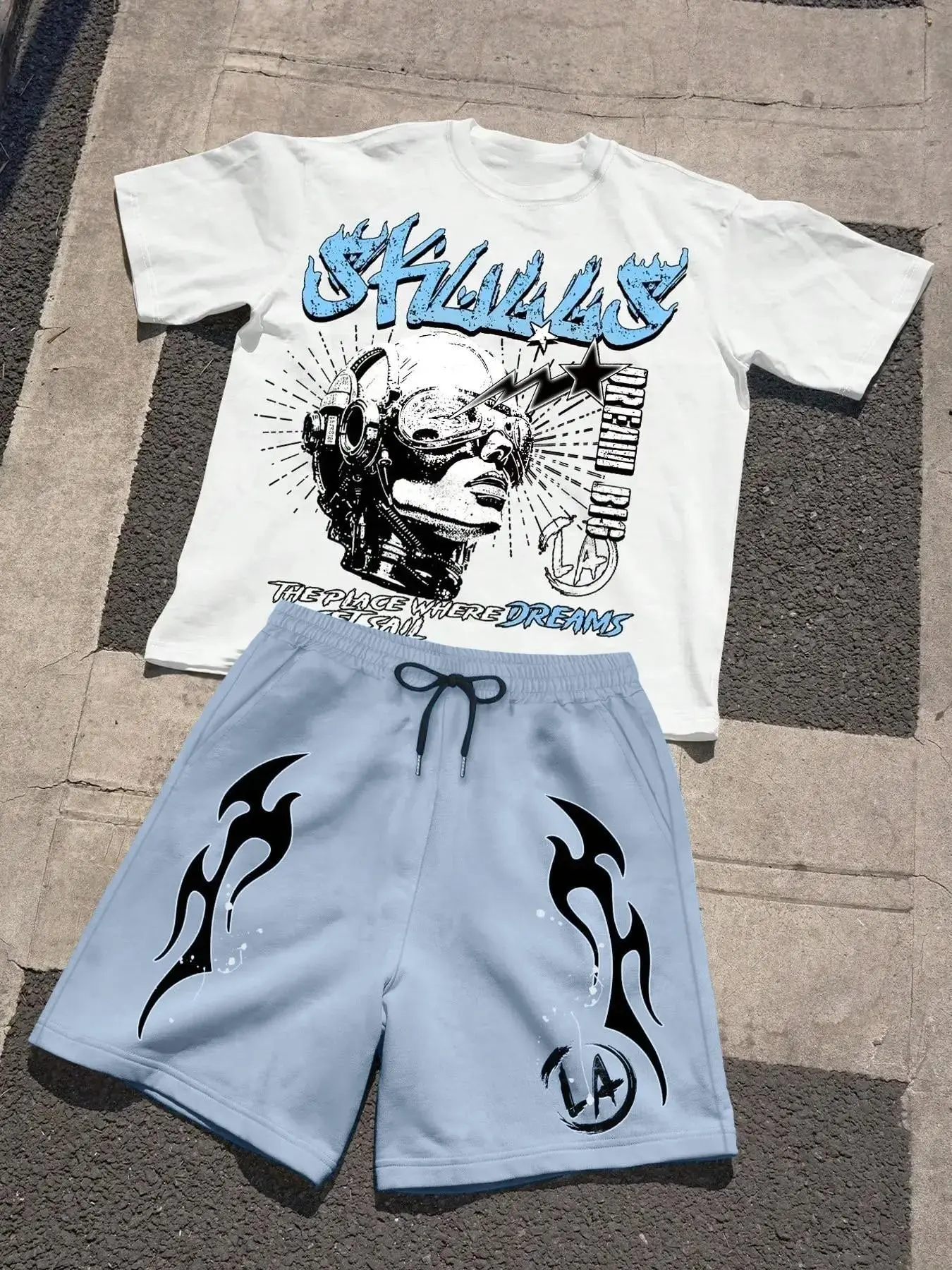 American Street Style Casual Print Loose Set, Skull Flame Short Sleeve T-Shirt + Light Blue Flame Drawstring Shorts, Two-Piece, Streetwear