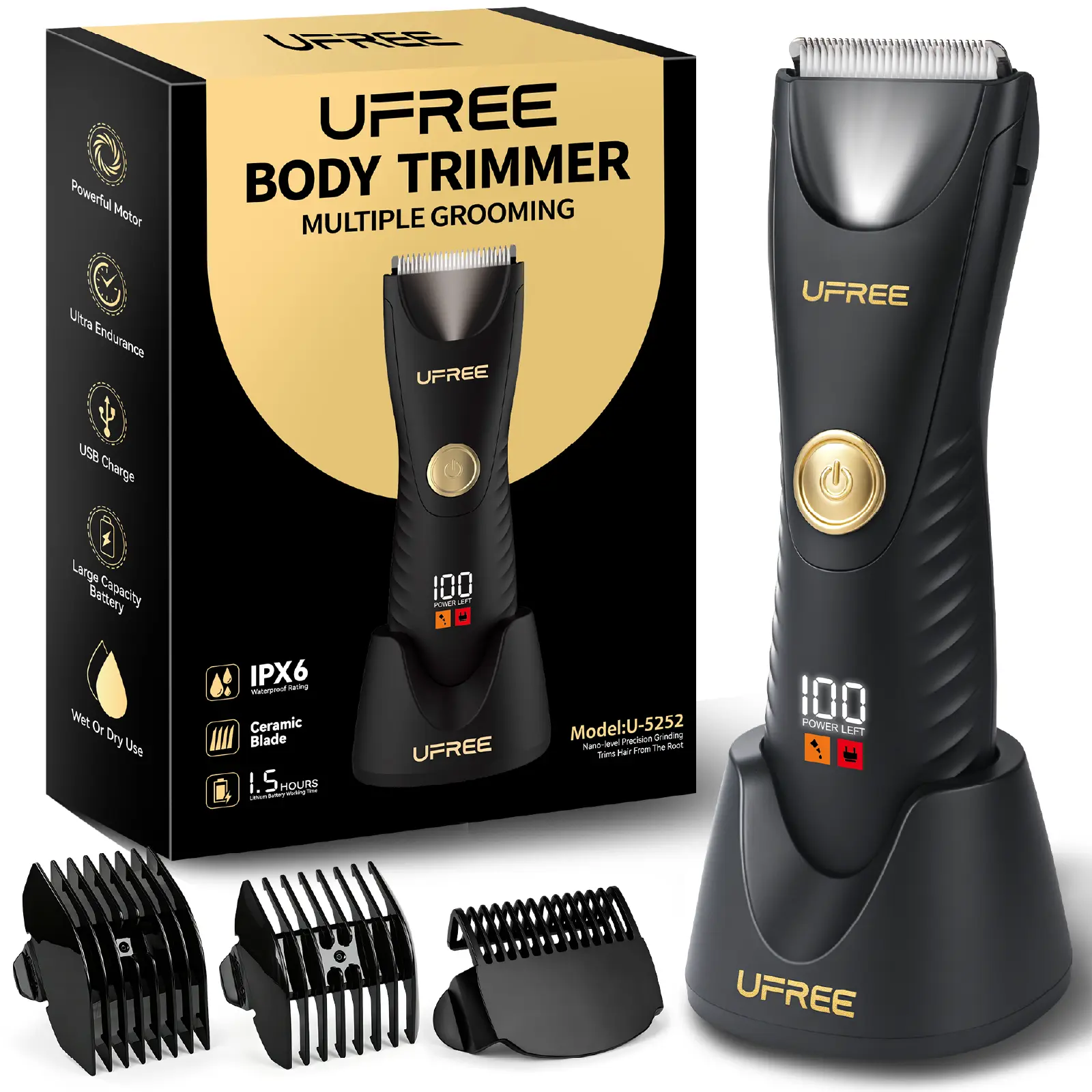 Ufree Manscape Body & Groin Trimmer for Men – No-Nick Ceramic Blade, Waterproof Wet/Dry Electric Shaver, USB-C Rechargeable Dock, LED Display, Pubic Hair Ball Trimmer, Mens Grooming Kit, Gifts for Men