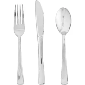 75 Pack Silver Plastic Disposable Cutlery Set-25 Forks, Knives, Spoons - Disposable Heavy Duty Plastic Utensil Set for Catering, Parties, Dinners, Weddings