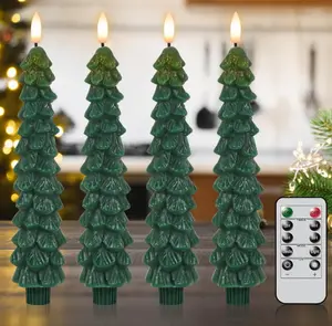 Christmas Tree  LED Flameless Taper Candles Battery Operated with Remote and Timer, Set of 4 Christmas Real Wax Window Candlesticks with 3D Flame Wick, 10 Inches Flickering Christmas Candlesticks  Decoration Gift Party Ornaments lamp night light