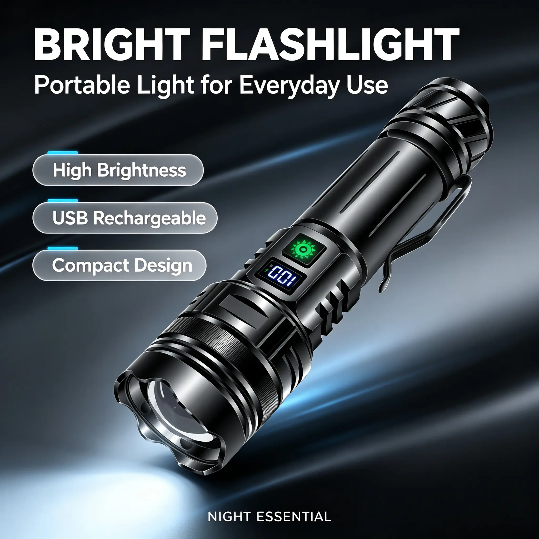 Rechargeable LED Flashlight with Power Bank, Digital Power Display, Zoomable Waterproof Tactical Flashlight,  Camping Lamp Portable emergency tool headlamp window breaker home outage