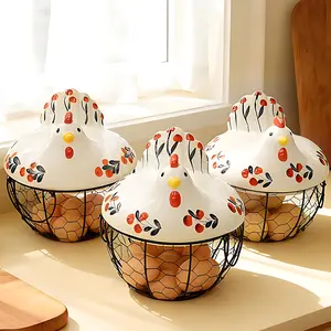 Ceramic Egg Basket with Metal Wire and Lid, Farmhouse Style Chicken Egg Storage Basket, Decorative Kitchen Counter Organizer for Eggs Fruits and Vegetables