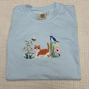 Spring floral meadow cat dainty embroidered comfort colors shirt/ spring shirt/ comfort colors tee/ spring cat shirt