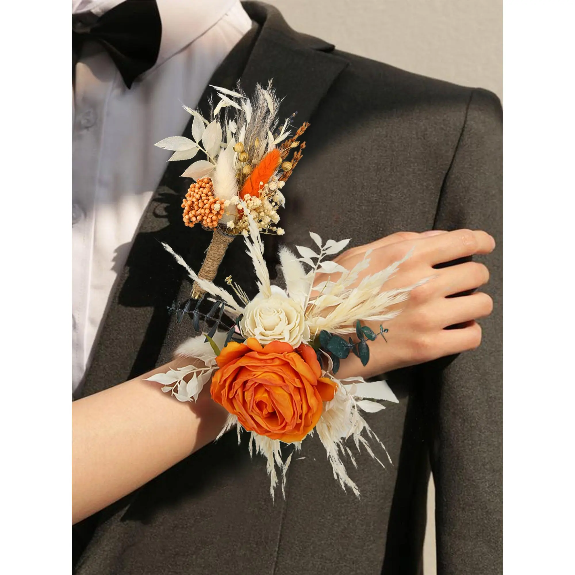 Rinlong Terracotta-Beige 2-Piece Flower Corsage and Boutonniere Set for Wedding, Festive Supplies, Flowers, Two Piece Sets