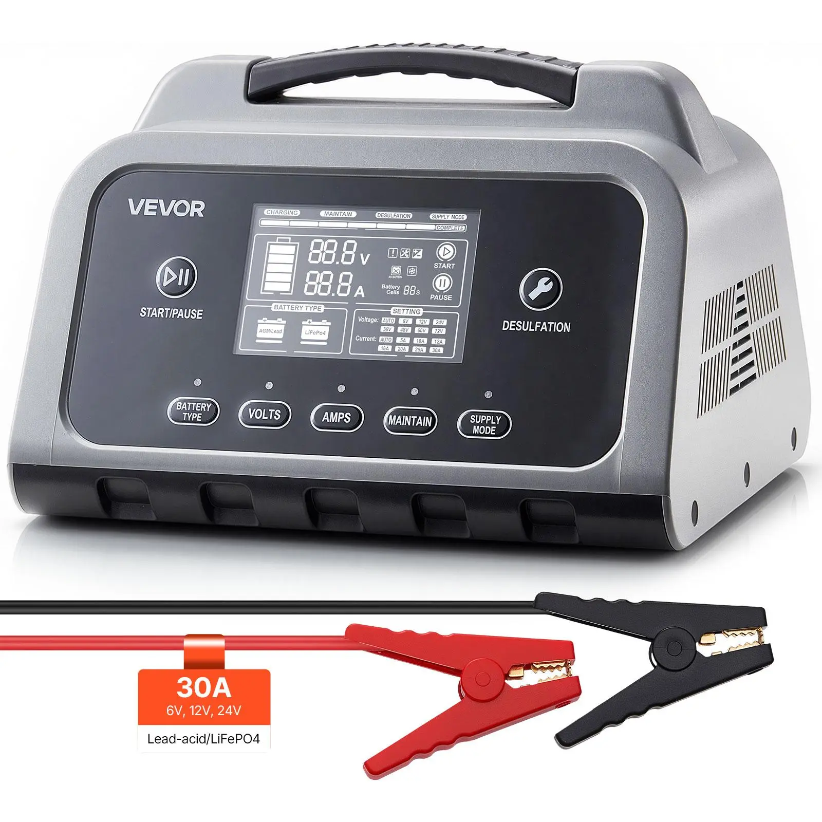 【Summerfinds】VEVOR 30A 6V/12V/24V Smart Battery Charger with LCD Display, Trickle Charger Maintainer Desulfator for LiFePO4, Lead-Acid (Gel/AGM) Batteries, Vehicle, Compact Lawn Mowers with Smart, Charging & Desulfation Modes, Motorcycle