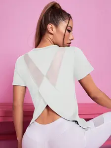 Women's Asymmetrical Contrast Mesh Sports Tee, Summer Clothes Women Breathable Quick Drying Tee Shirts for Workout Running, Summer Outfits, Gym Tops, Gym Tees, Quick Dry Activewear, Athletic Yoga Tops