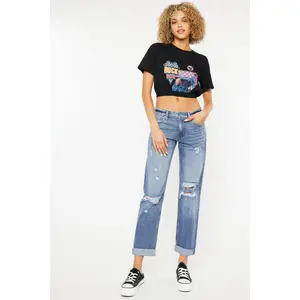 Kancan Mid Rise Distressed Straight Jeans Casual Comfort