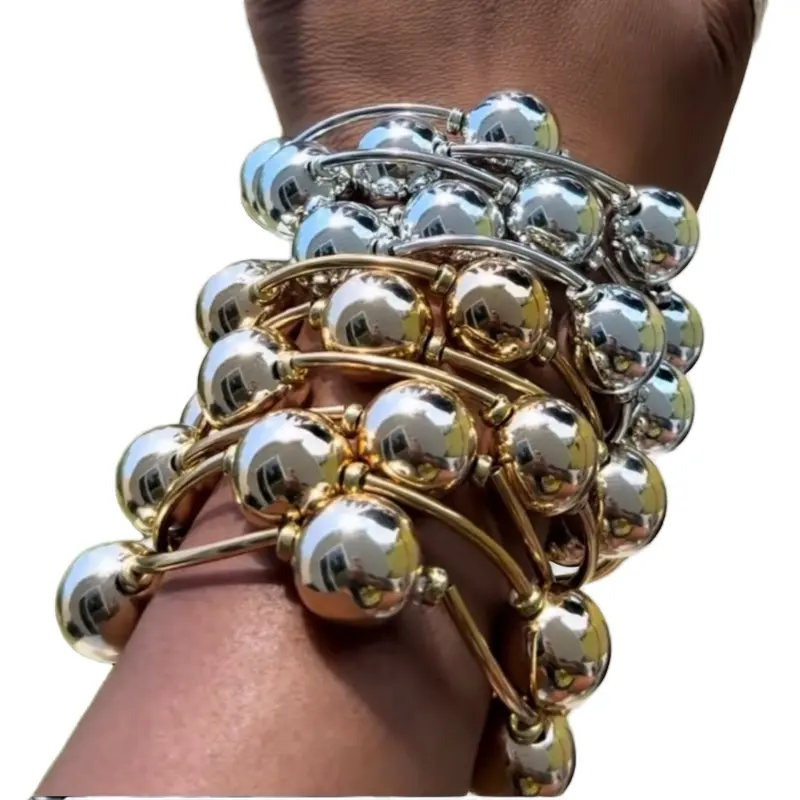 Women's 3-Piece Stackable Chrome Ball Pattern Bangles Bracelets Set - Trendy Stack Bangle, Gold & Silver Beaded Designs, Costume Jewelry for Women, Accessory Goals Fashion Accessories, Stackable Bracelets, 2Cm, Bling Effect, Arm Candy Accessories