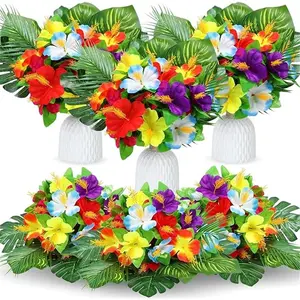 12 Pcs Hawaiian Flower Centerpieces for Tables Artificial Palm Leaves Fake Hibiscus Flowers Tropical Party Decorations Supplies for Luau Safari Jungle Beach BBQ Theme Party Birthday Table Decor