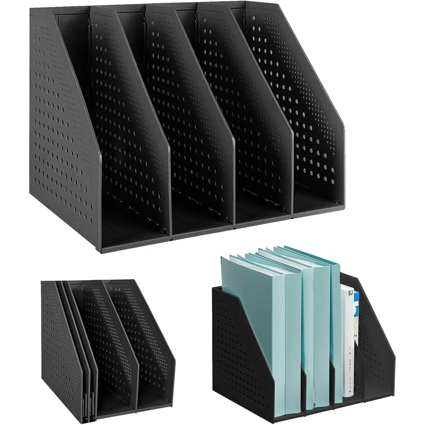 Classical Collapsible Expandable 4-Compartment Plastic Magazine File Holder (13in*8.9in*9.6in) - Office Accessories for Desk Document Organization, Desktop Filing Cabinet Shelf Divider Rack