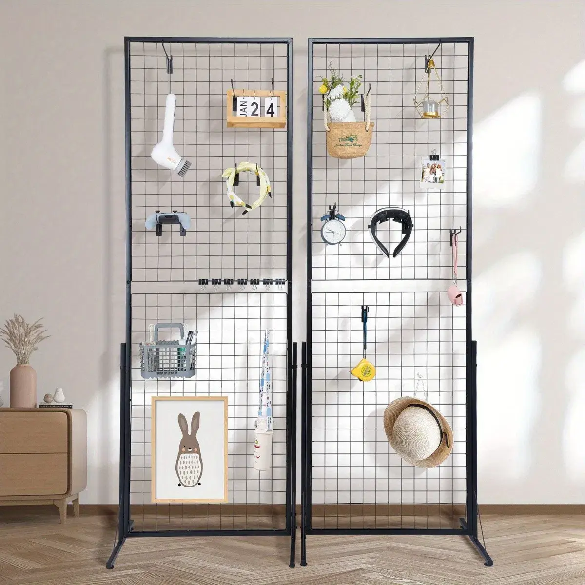 2-Pack 24"x67" Double-Sided Professional Gridwall Display Panels with Sturdy T-Base, 20 Display Hooks/Clips - Home Organizer Storage Rack for Living Rooms, Garages