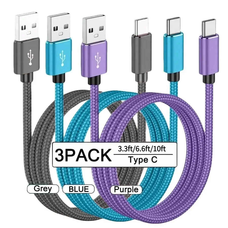 USB C fast charging cable, 3Pack [3.3/6.6/10FT] USB A to C nylon braided charging cable, Braided Charger Cord, C-shaped data sync cable, compatible with Samsung Galaxy A145G A54 S22 Ultra Google 7Pro Moto Android phone
