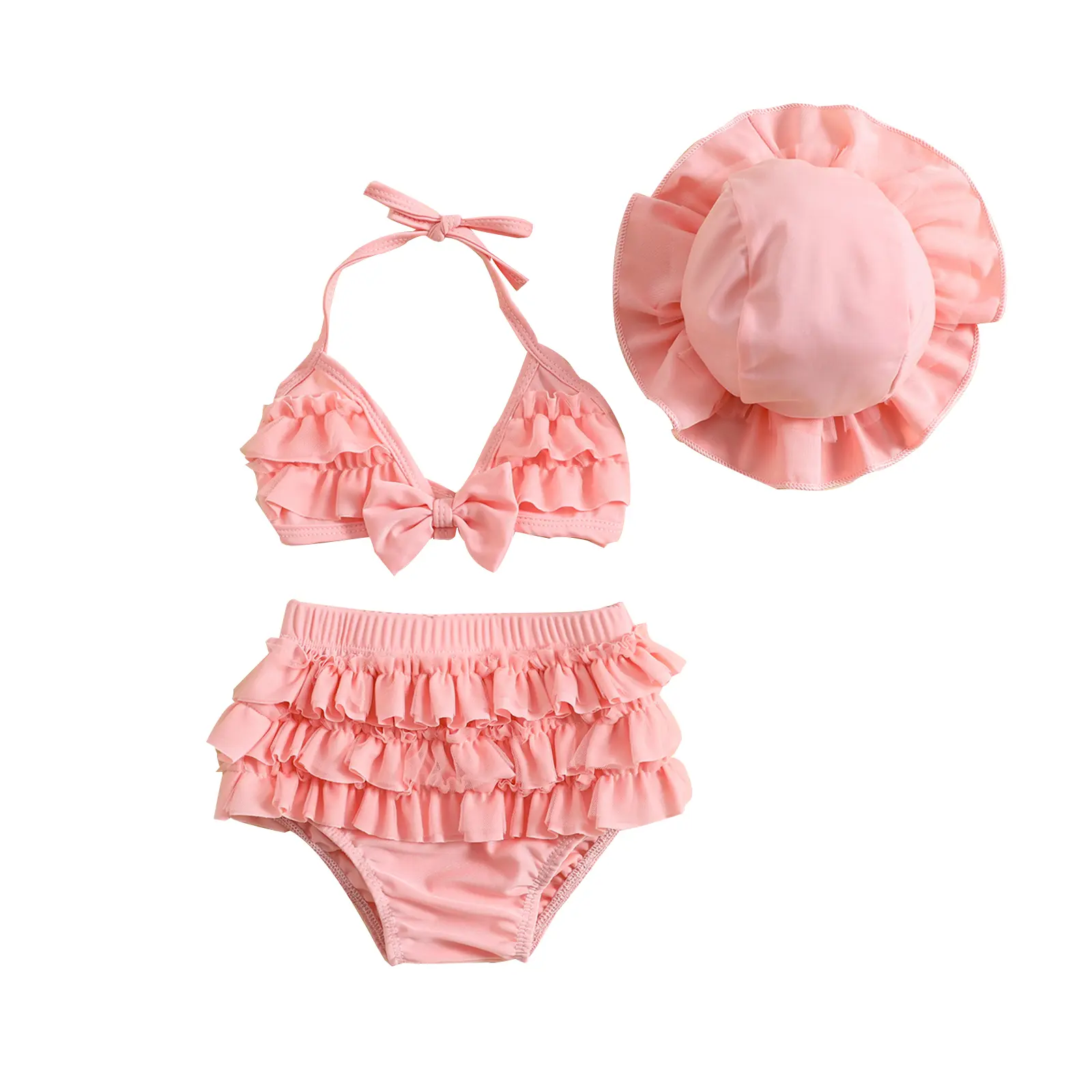Canrulo Toddler Swimsuit Baby Girl Bathing Suit Sleeveless Bow Floral Bikini Top Ruffle Shorts with Hat Beach Swim Wear 0-2T