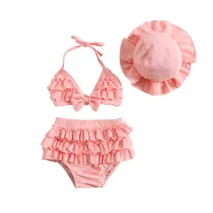Canrulo Toddler Swimsuit Baby Girl Bathing Suit Sleeveless Bow Floral Bikini Top Ruffle Shorts with Hat Beach Swim Wear 0-2T