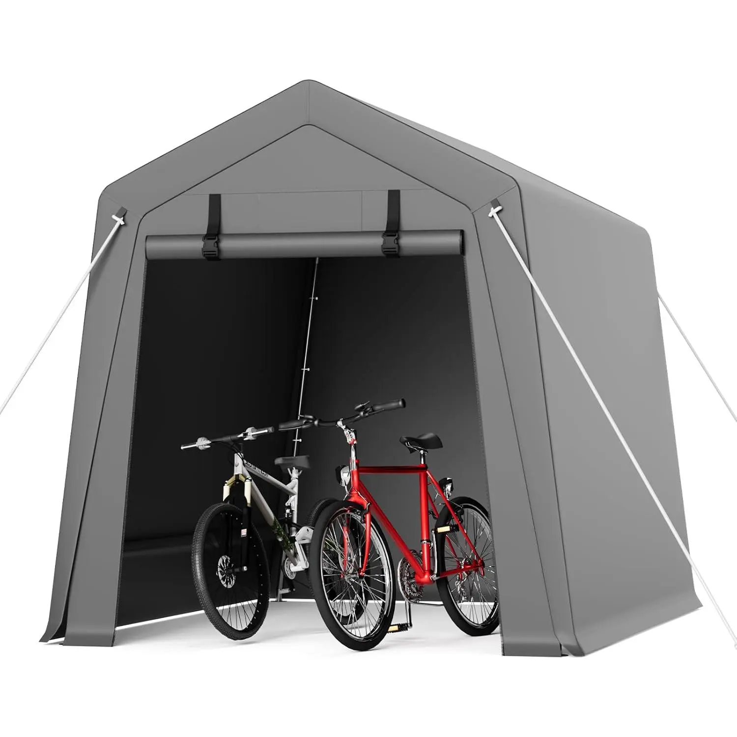 6x8 ft Outdoor Portable Shed - Waterproof UV-Resistant Carport Tent with 2 Roll-Up Zipper Doors, Tool-Free Setup, Gray Garage Shelter for Motorcycle Equipment