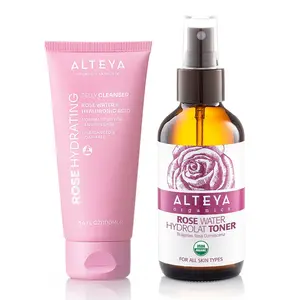 Organic Hydrating Rose Cleanse & Tone Duo with Rose Water and Hyaluronic Acid for Sensitive Skin