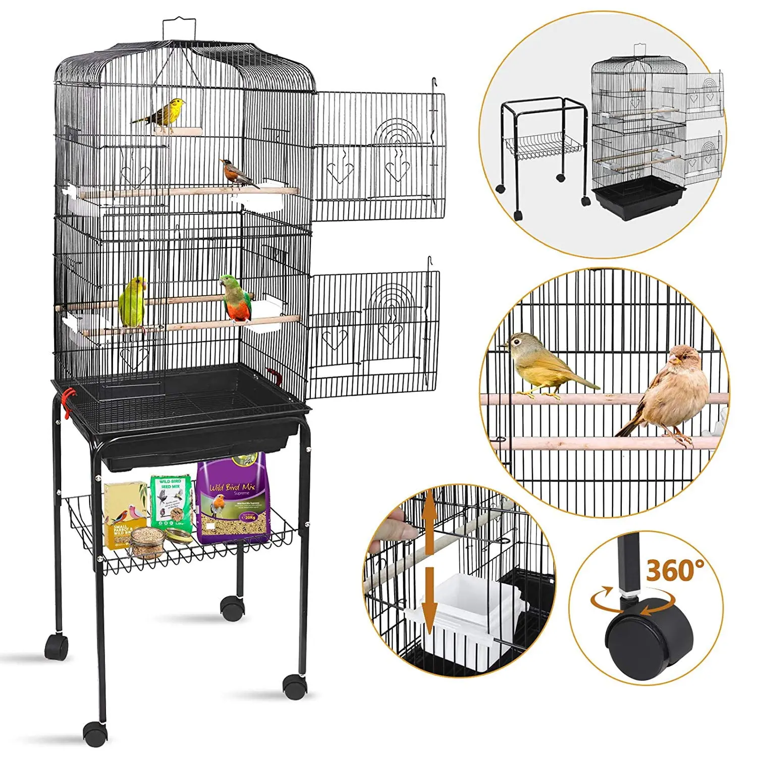 SuperDeal 59.3" Portable Durable Iron Bird Cage, Pet Bird Supply with Rolling Metal Stand, Large-Space Habitat for Medium Parrots, Includes Parrot Perch